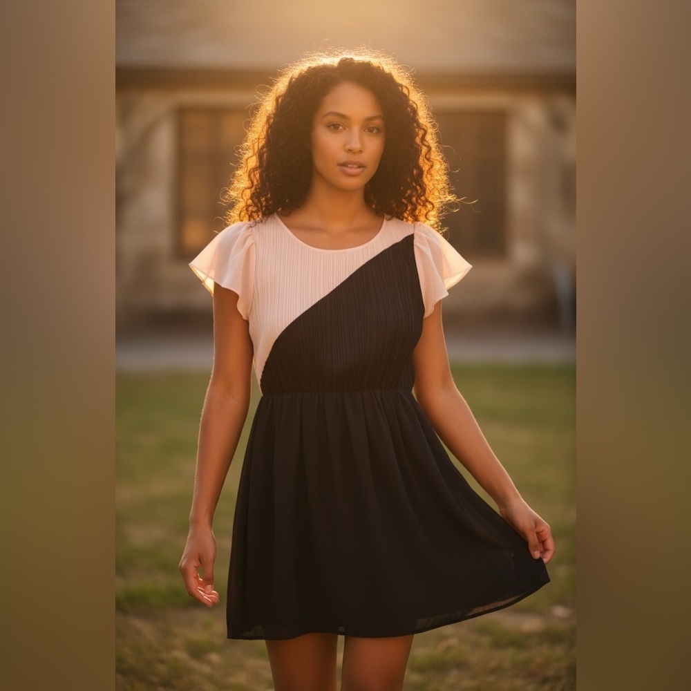 Chic Black and Beige Midi Dress
